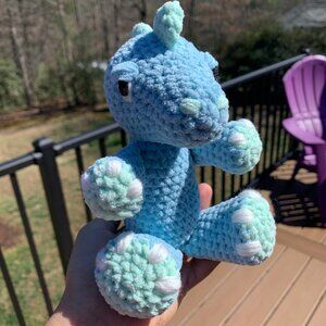 Blue Chunky Fluffy Tarbosaurus Crochet Plush Stuffed Dinosaur Toy| 6.5" Sitting